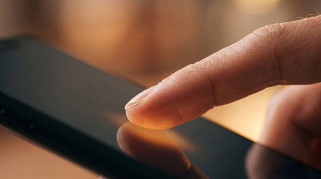 Doigt appuyant sur un &eacute;cran tactile de smartphone en gros plan