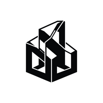Abstract geometric block tower logo in solid black silhouette on white background