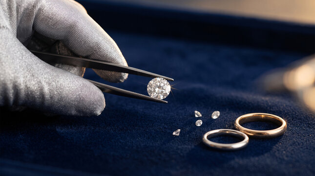 Bijoutier manipulant un diamant pr&egrave;s de bagues sur un tissu sombre