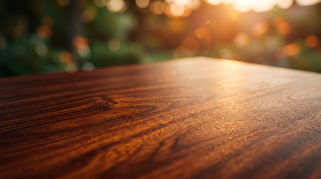 Plateau de table en bois brun avec fond de jardin flou