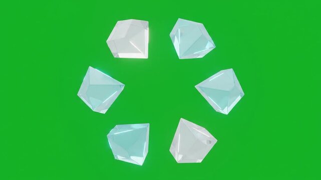 Six Transparent Crystal Gems Rotating in Circle on Green Screen Animatio