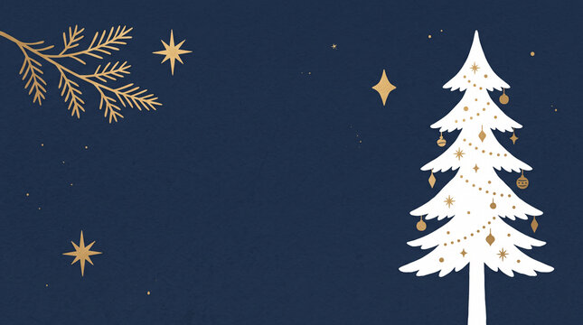 Illustration de sapin de No&euml;l blanc et &eacute;toiles dor&eacute;es sur fond bleu nuit