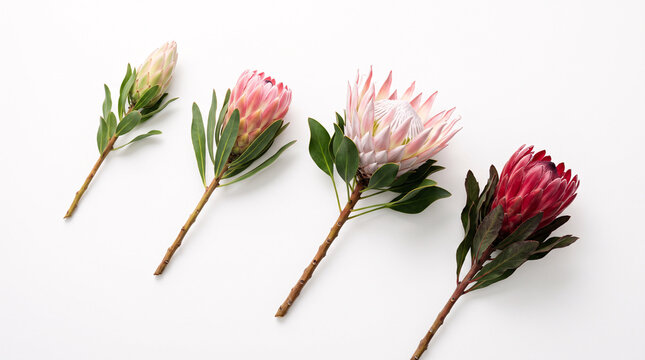 Quatre fleurs de prot&eacute;a roses et blanches align&eacute;es sur fond blanc