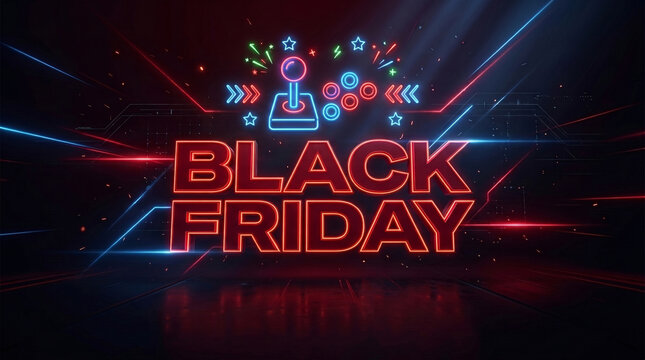 Banni&egrave;re Black Friday avec symboles de manette et n&eacute;ons rouges et bleus