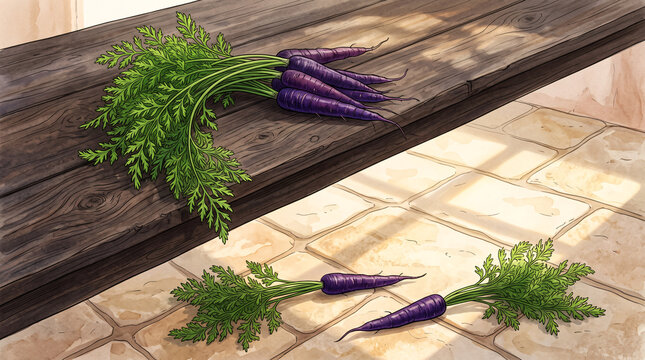 Carottes violettes avec leurs fanes sur une table en bois rustique