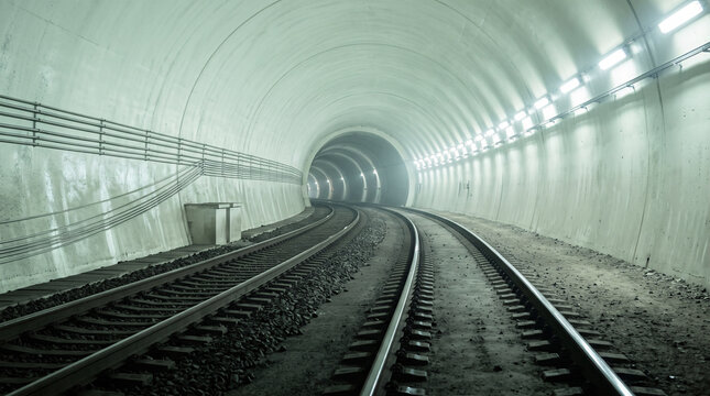 Rails de chemin de fer courbes dans un tunnel de b&eacute;ton &eacute;clair&eacute;