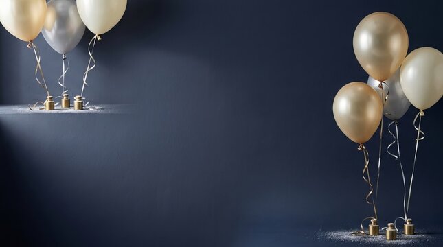 Elegant gold and silver balloons gently floating above a dark surface, symbolizing celebration and joyous moments