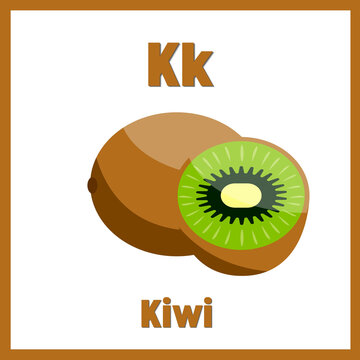 Educational alphabet flashcard displays the letter K with a whole and sliced kiwi fruit.