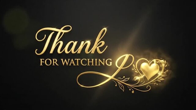 Elegant golden thank you for watching text with glowing heart