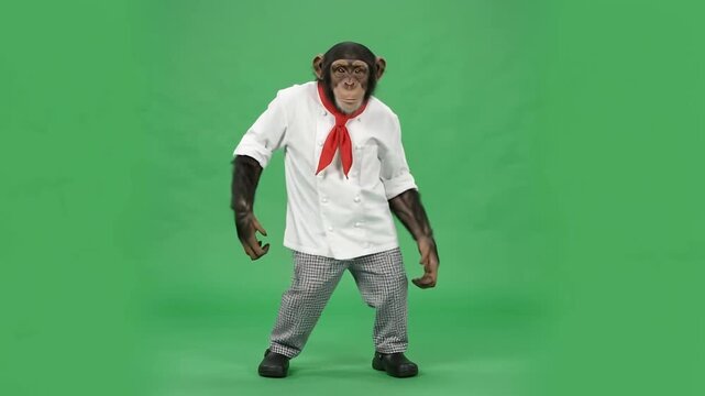 Funny Chimpanzee Animal in White Shirt and Red Scarf Performing a Dance on Green Screen