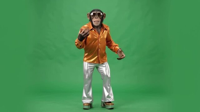 A funny chimpanzee dance performance with a wild animal on a green screen background