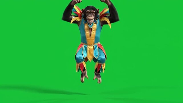 Vibrantly costumed chimpanzee animal performing a joyful dance against a studio green screen