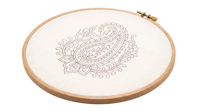 Wooden embroidery hoop with paisley pattern linen fabric, handcraft needlework frame, DIY sewing hobby craft isolated PNG with Transparent Background