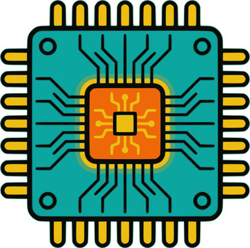 Computer CPU processor microchip vector sticker with circuit lines, hardware component icon for technology, AI computing, electronic, and semiconductor concepts.
