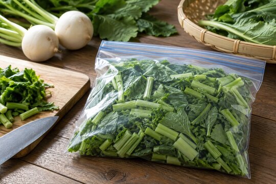 冷凍保存用に刻んだかぶの葉