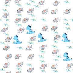 Cartoon Elephants, Dinosaurs, and Pterodactyls Pattern © kukisa