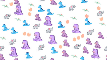 Cute cartoon dinosaurs, elephants, and pterodactyls seamless pattern © kukisa