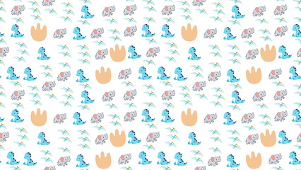 Cute cartoon dinosaurs elephants and pterodactyls pattern © kukisa