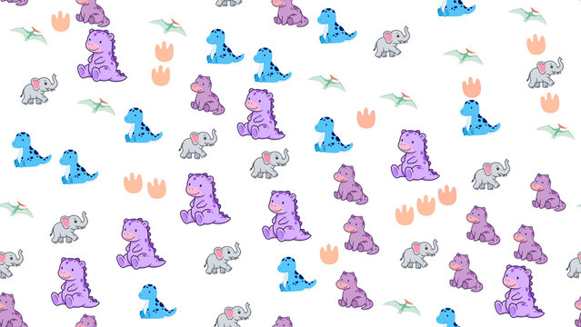 Cute cartoon dinosaurs, elephants, and pterodactyls seamless pattern