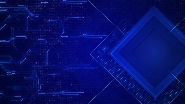 Circuit traces and a fine dotted extend diamond frames on the right. 19 video backdrop with space for titles, logos, messaging in corporate presentations, computing explainers, online promos.