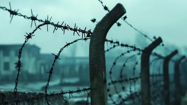 Barbed wire lines a fence at a historical site under gray skies,