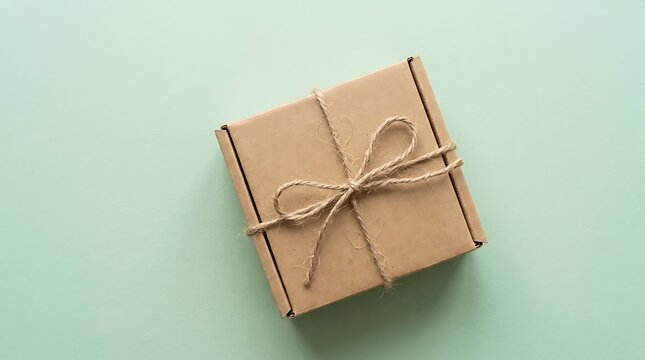 Blank kraft paper gift box tied with jute twine on a pastel green background