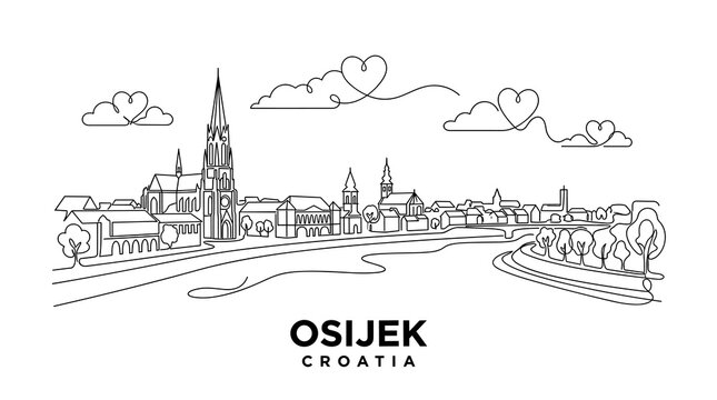 Minimalist line drawing of Osijek Croatia cityscape featuring iconic church steeples and river views with stylized clouds and