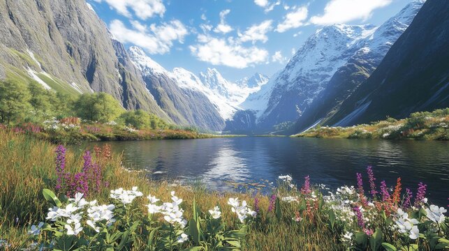 Alpine lake, wildflowers, snow-capped mountains, sunny day, travel brochure