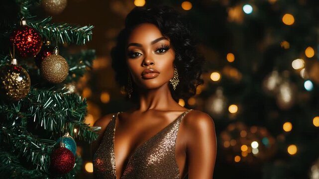 A woman stands in front of a Christmas tree filled with ornaments