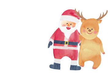 Watercolor Santa Claus with reindeer, isolated on white background with copy space © Tsuki Usagi