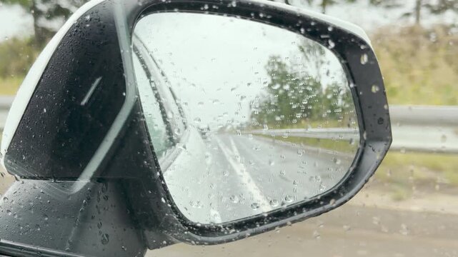 Raindrops cover a car side mirror in Saint Petersburg. The glass reflects a blurry road during a rainy trip. It evokes a calm and nostalgic feeling.