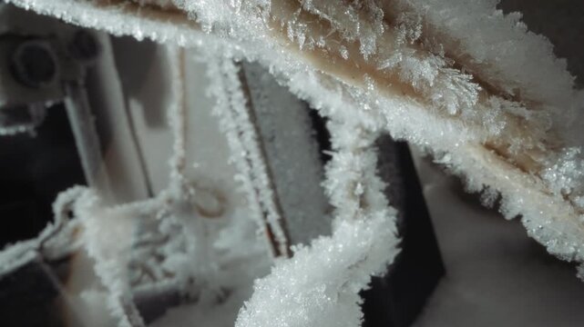 Wide frostcovered rope and metal, close perspective on rimed cable and pulley, crystalline deposits along strands, subdued industrial palette, maintenance inspector mood, slow reveal of granular ice
