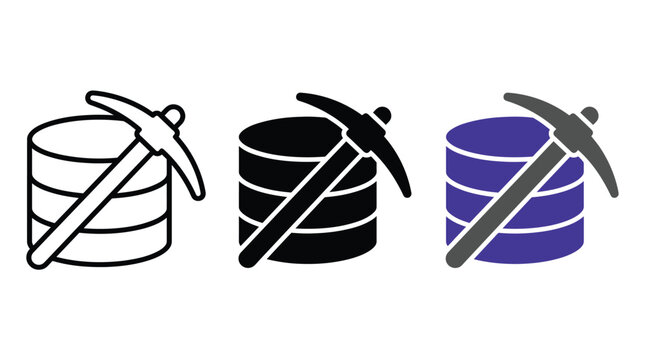 Data mining icon set, database with pickaxe symbol, vector illustration of data analysis and information extraction, flat design elements for business and technology