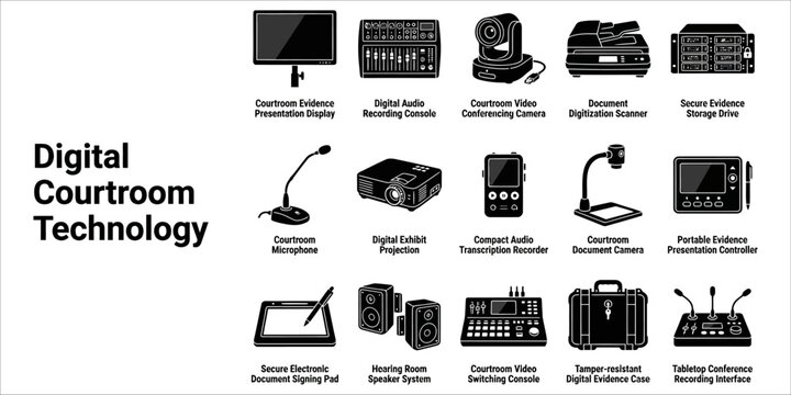 Digital courtroom technology icons set including gavel computer and evidence