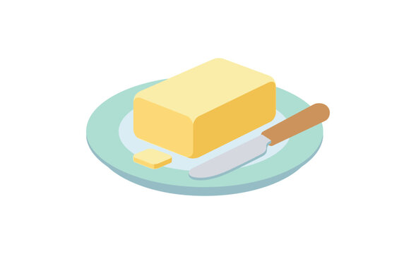 Stick of butter with knife on plate isometric vector illustration
