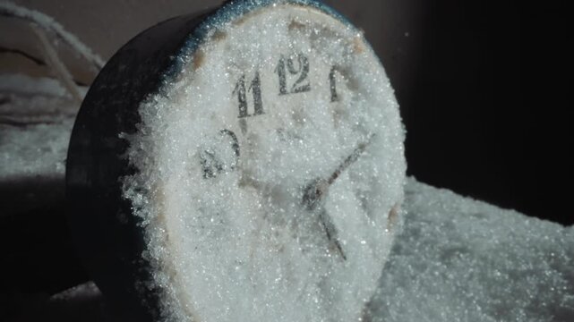 Frozen clock sparkle. Icecold clock emits faint glow with frosty crystals beneath muted winter tones. Nostalgic frozen clock radiates soft shine revealing icy crystals under subdued winter colors
