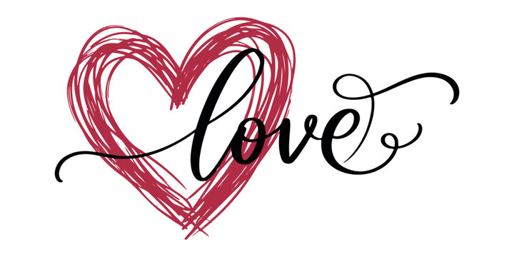 Red scribble heart with elegant love calligraphy lettering for