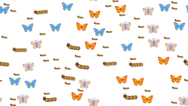 Cute cartoon caterpillars and butterflies seamless pattern