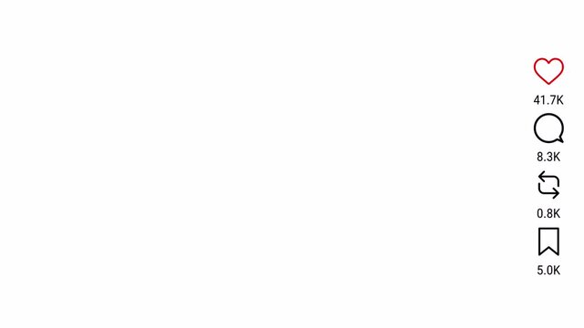 Social media engagement counter animation from zero to 100,000 likes, comments and shares on a transparent background