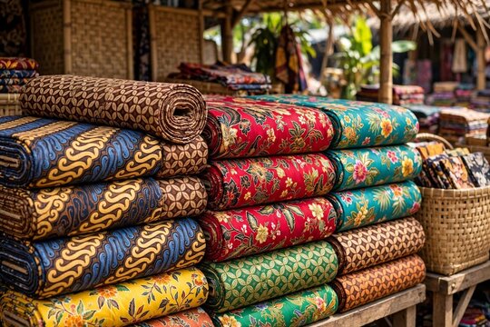 Colorful rolls of Indonesian batik fabric with parang kawung and floral patterns stacked at traditional market stall