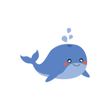 Cute Blue Whale Cartoon Blowing Water Vector Illustration.


