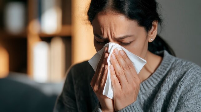 Young woman blowing nose into tissue suffering from seasonal cold flu