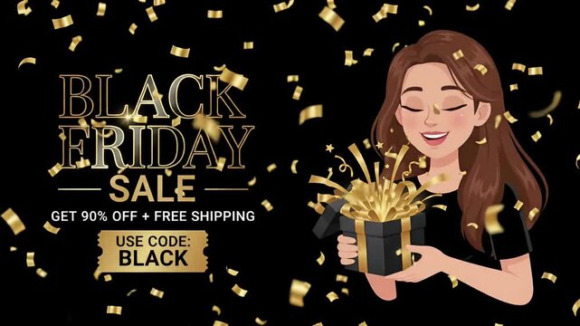 Excited woman opening Black Friday gift box with exploding golden confetti loop, luxury sale promo cartoon character motion graphic
