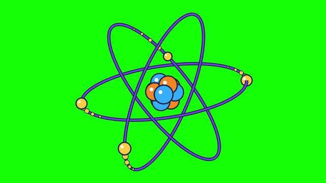 3D atom model with electrons orbiting the nucleus, cartoon physics science seamless loop animation on green screen chroma key background
