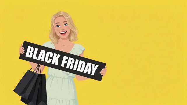 Cheerful shopper holding Black Friday sale banner loop, happy woman with bags over yellow background cartoon motion graphic
