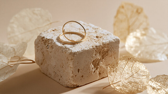 Elegant gold rings displayed on textured stone podium surrounded by delicate leaves on white background