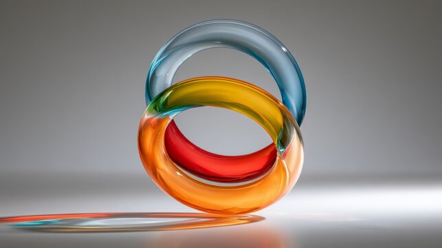 Colorful interlocking glass rings on gray background