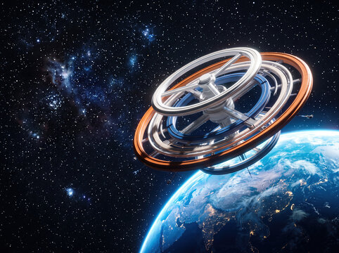 Orbital Ring Space Station Over Planet Earth in Space