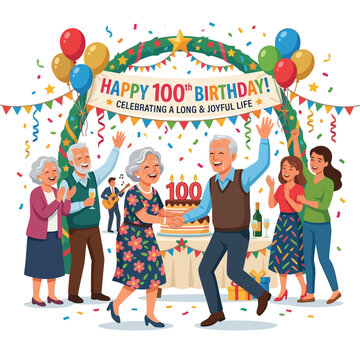 Elderly characters celebrate a joyous centenary birthday party with colorful balloons and confetti in a vibrant cartoon style.