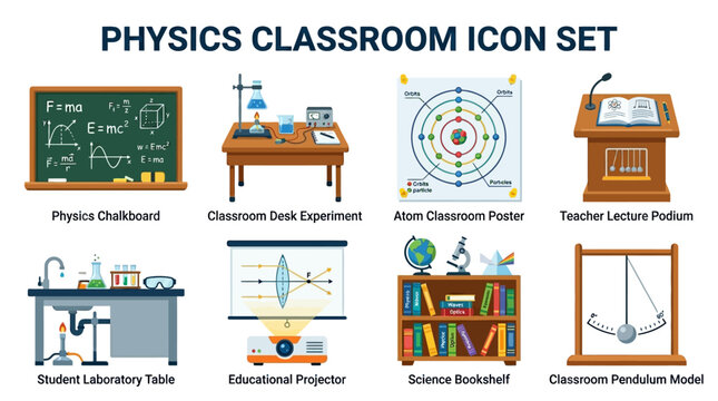 Physics classroom icons display dark green chalkboards, warm polished wooden desks, bright yellow science posters, and cool metallic laboratory equipment.